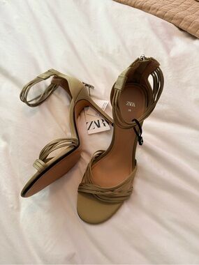Zara Olive Strappy Ankle-Tie Heeled Sandals